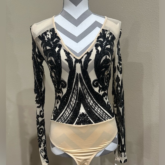 BANJUL Sheer Nude Bodysuit with Black Sequins, NWOT! - Picture 1 of 6